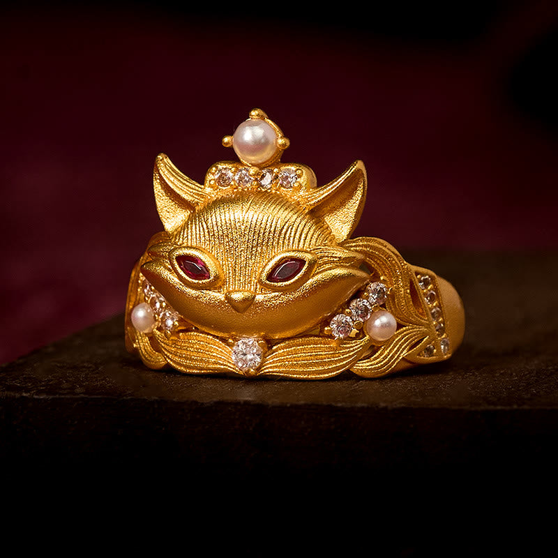 Fortune Jewel Fox Head Design 24k Gold Plated Brass Adjustable Ring - Fortune Jewel