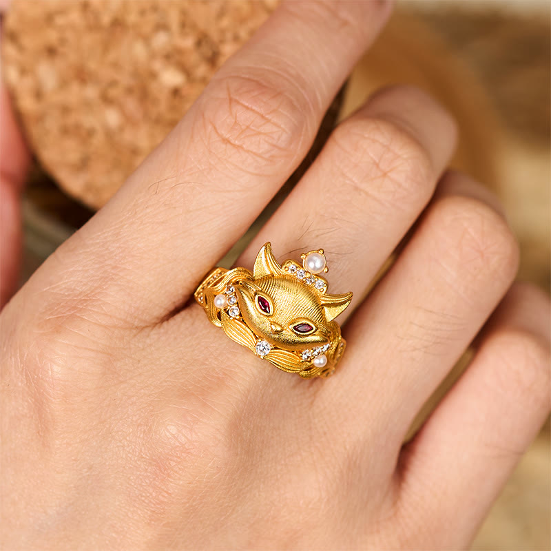 Fortune Jewel Fox Head Design 24k Gold Plated Brass Adjustable Ring - Fortune Jewel