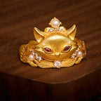 Fortune Jewel Fox Head Design 24k Gold Plated Brass Adjustable Ring - Fortune Jewel