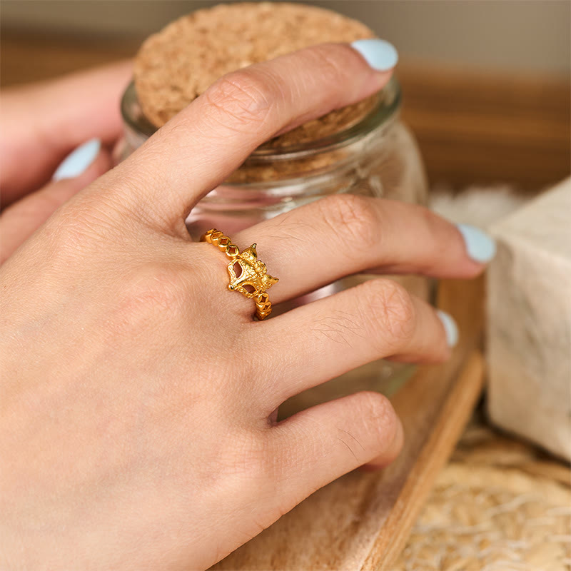 Fortune Jewel 24k Gold Plated Brass Fox Coin Hollow Design Adjustable Ring - Fortune Jewel