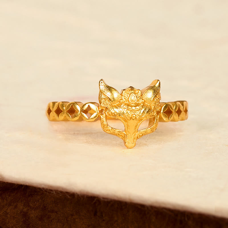 Fortune Jewel 24k Gold Plated Brass Fox Coin Hollow Design Adjustable Ring - Fortune Jewel