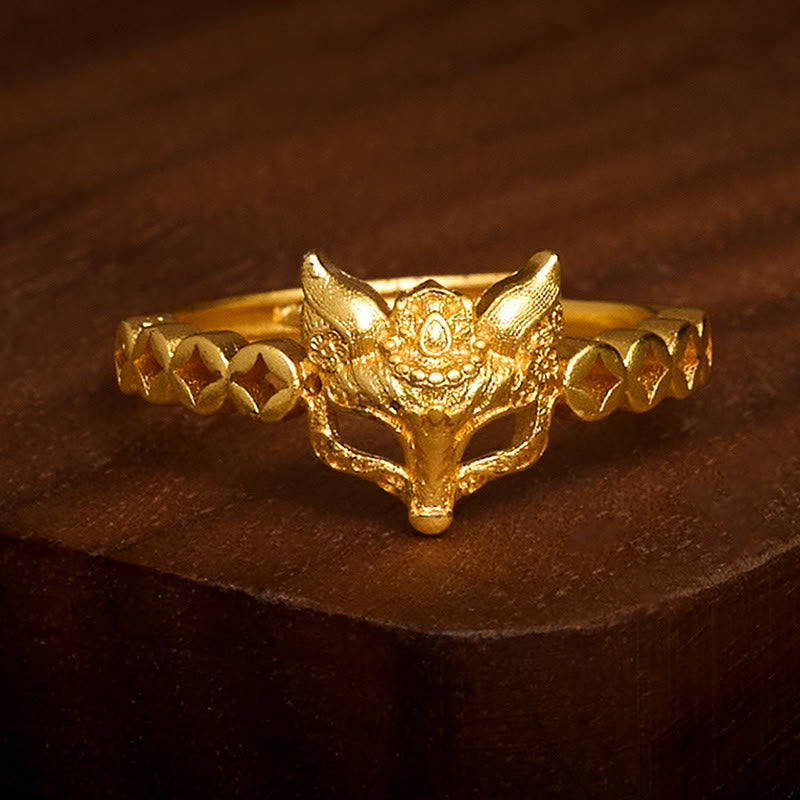 Fortune Jewel 24k Gold Plated Brass Fox Coin Hollow Design Adjustable Ring - Fortune Jewel
