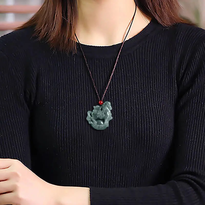 Fortune Jewel Year of the Horse Jade Ingot Luck Prosperity Rope Necklace Pendant Fortune Jewel