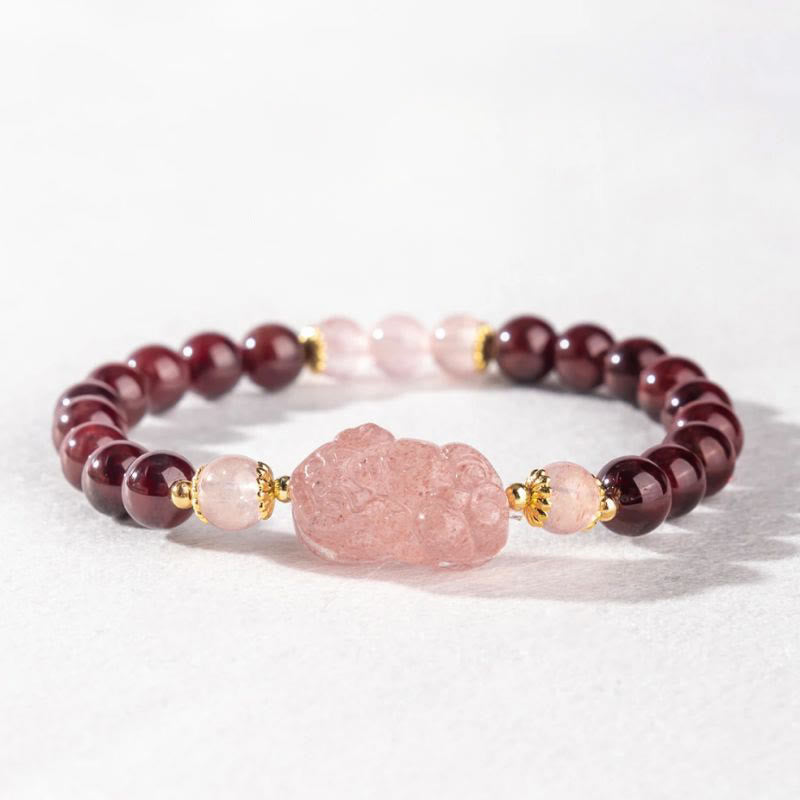Fortune Jewel Garnet Strawberry Quartz Pixiu Lucky Bracelet - Fortune Jewel
