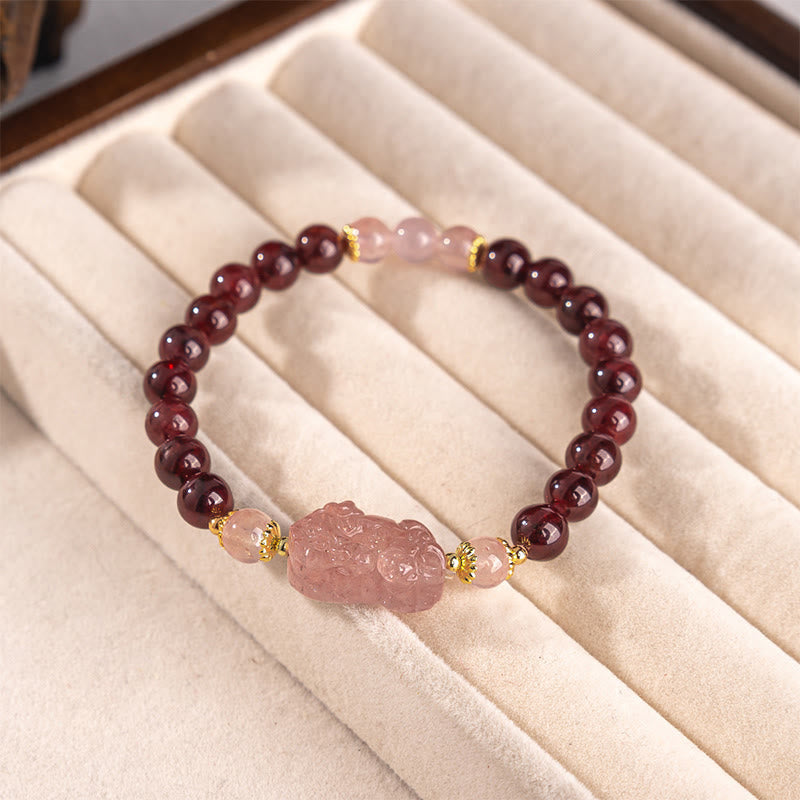 Fortune Jewel Garnet Strawberry Quartz Pixiu Lucky Bracelet - Fortune Jewel