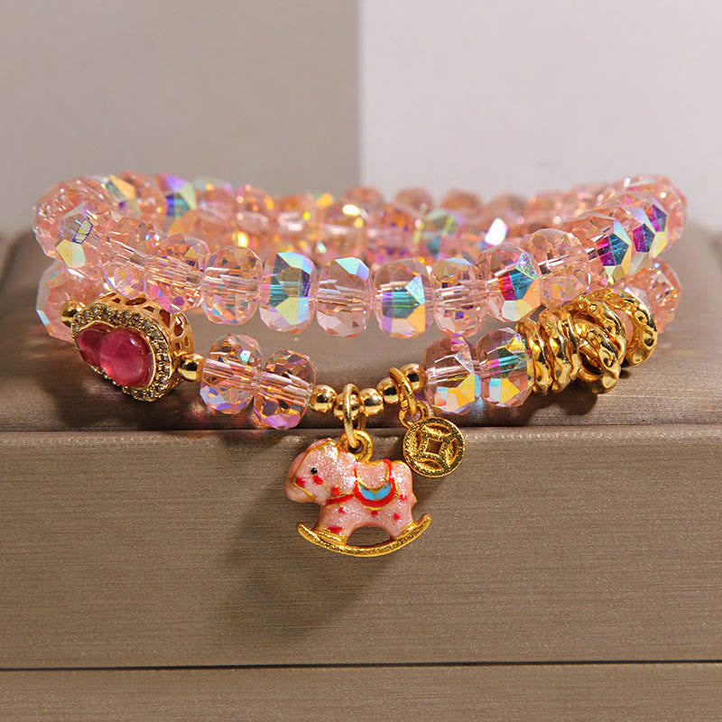 Fortune Jewel Chinese Zodiac Year Of The Horse Crystal Glass Copper Coin Gourd Double Wrap Bracelet - Fortune Jewel