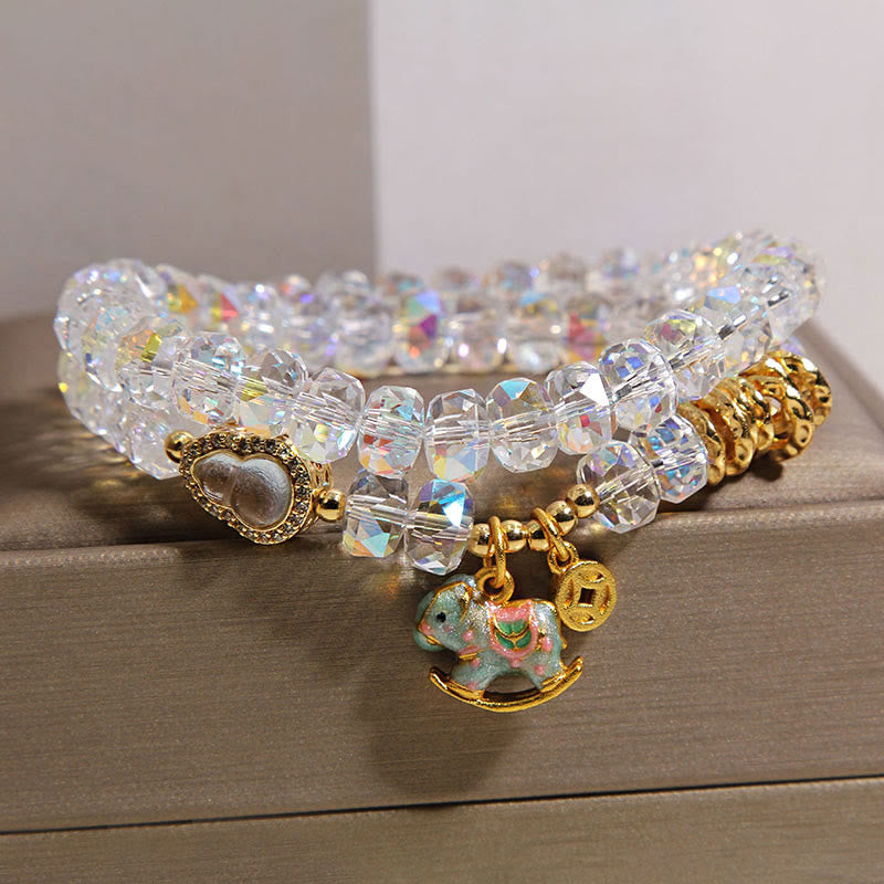 Fortune Jewel Chinese Zodiac Year Of The Horse Crystal Glass Copper Coin Gourd Double Wrap Bracelet - Fortune Jewel