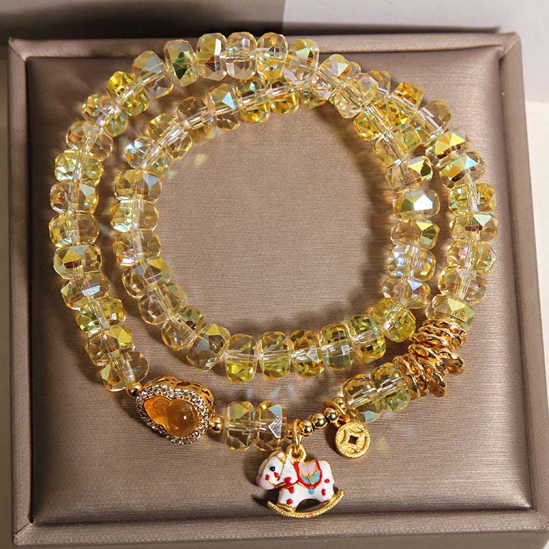 Fortune Jewel Chinese Zodiac Year Of The Horse Crystal Glass Copper Coin Gourd Double Wrap Bracelet - Fortune Jewel
