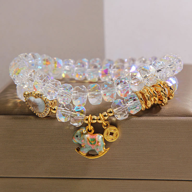 Fortune Jewel Chinese Zodiac Year Of The Horse Crystal Glass Copper Coin Gourd Double Wrap Bracelet - Fortune Jewel