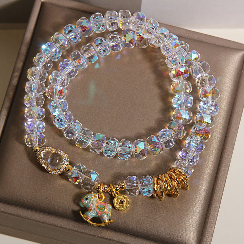 Fortune Jewel Chinese Zodiac Year Of The Horse Crystal Glass Copper Coin Gourd Double Wrap Bracelet - Fortune Jewel