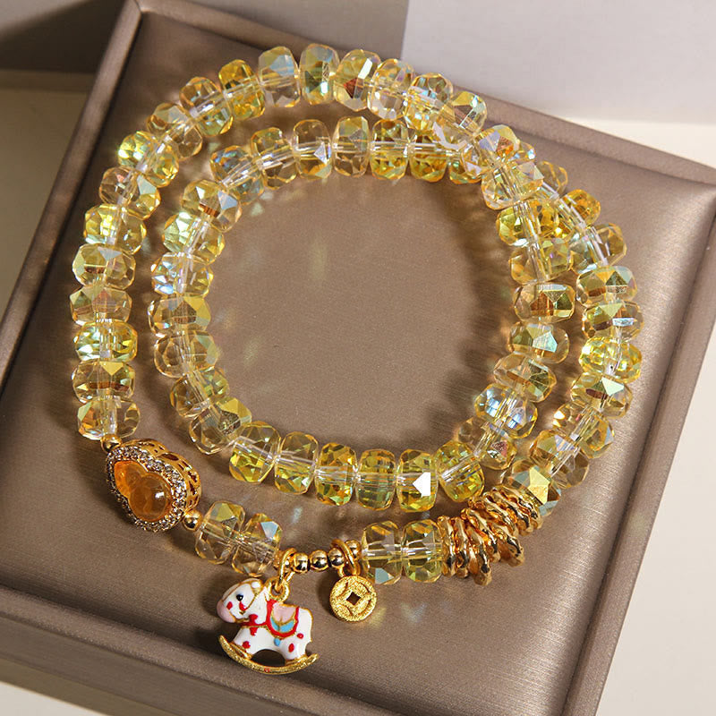 Fortune Jewel Chinese Zodiac Year Of The Horse Crystal Glass Copper Coin Gourd Double Wrap Bracelet - Fortune Jewel