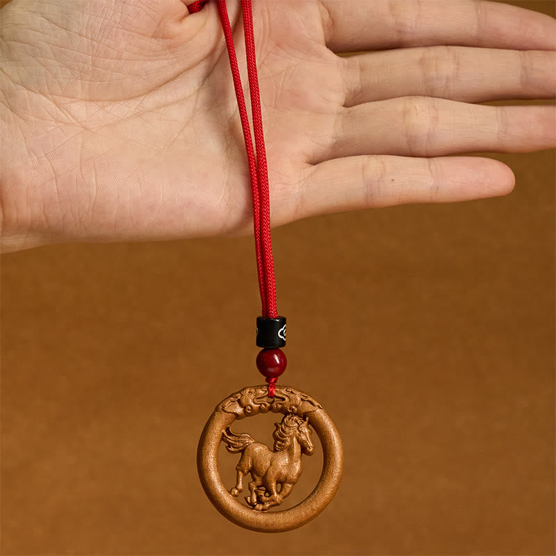 Buddha Stones Peach Wood Chinese Zodiac Year Of The Horse Ward Off Evil Spirits Necklace Pendants - Fortune Jewel