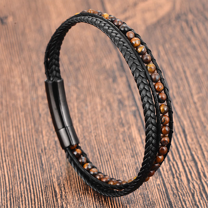 Fortune Jewel Tiger Eye Titanium Steel Protection Strengthen Leather Bracelet - Fortune Jewel