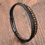 Fortune Jewel Tiger Eye Titanium Steel Protection Strengthen Leather Bracelet - Fortune Jewel