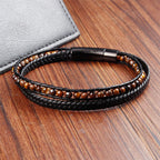 Fortune Jewel Tiger Eye Titanium Steel Protection Strengthen Leather Bracelet - Fortune Jewel
