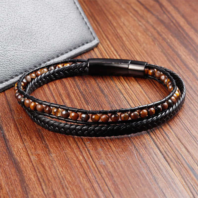 Fortune Jewel Tiger Eye Titanium Steel Protection Strengthen Leather Bracelet - Fortune Jewel