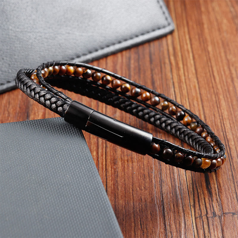 Fortune Jewel Tiger Eye Titanium Steel Protection Strengthen Leather Bracelet - Fortune Jewel