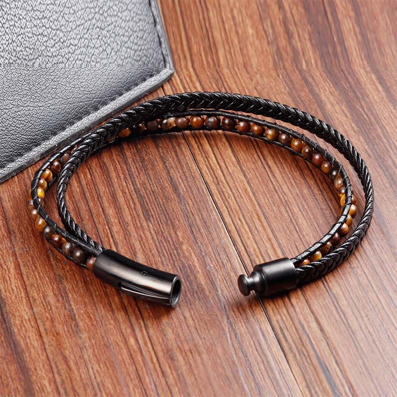 Fortune Jewel Tiger Eye Titanium Steel Protection Strengthen Leather Bracelet - Fortune Jewel