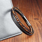 Fortune Jewel Tiger Eye Titanium Steel Protection Strengthen Leather Bracelet - Fortune Jewel