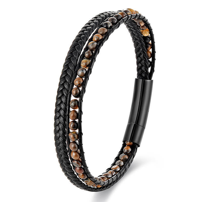 Fortune Jewel Tiger Eye Titanium Steel Protection Strengthen Leather Bracelet - Fortune Jewel