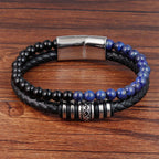 Fortune Jewel Black Onyx Lazurite Lapis Lazuli Titanium Steel Fortune Calm Leather Bracelet - Fortune Jewel