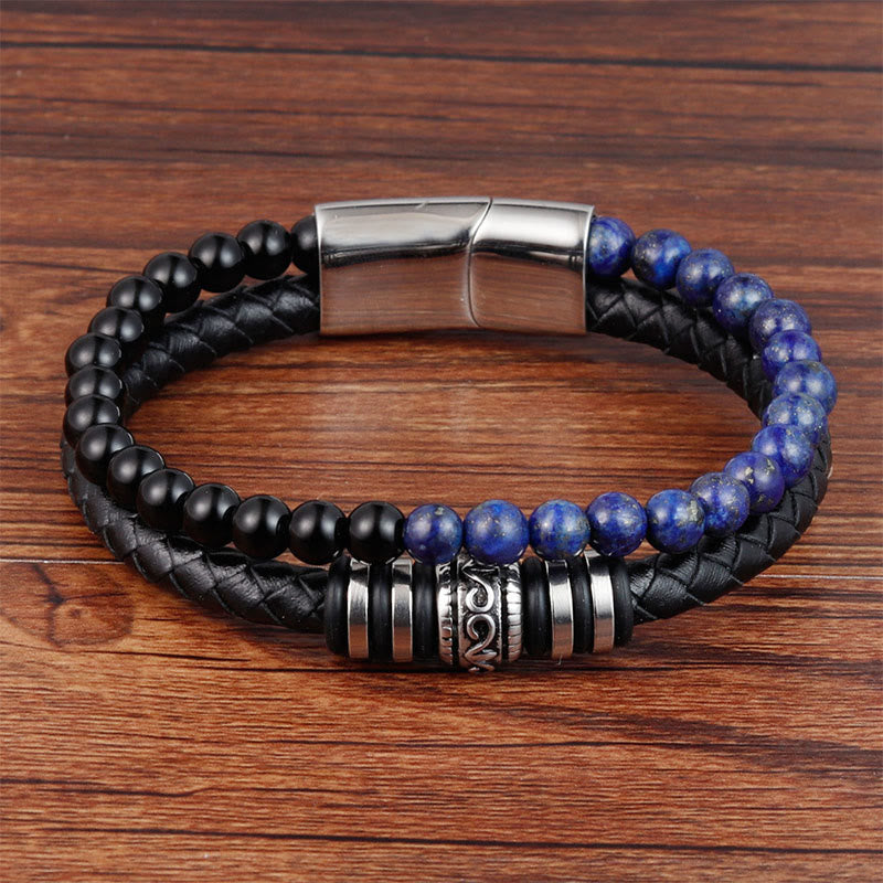 Fortune Jewel Black Onyx Lazurite Lapis Lazuli Titanium Steel Fortune Calm Leather Bracelet - Fortune Jewel