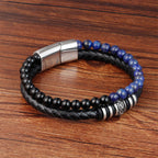 Fortune Jewel Black Onyx Lazurite Lapis Lazuli Titanium Steel Fortune Calm Leather Bracelet - Fortune Jewel