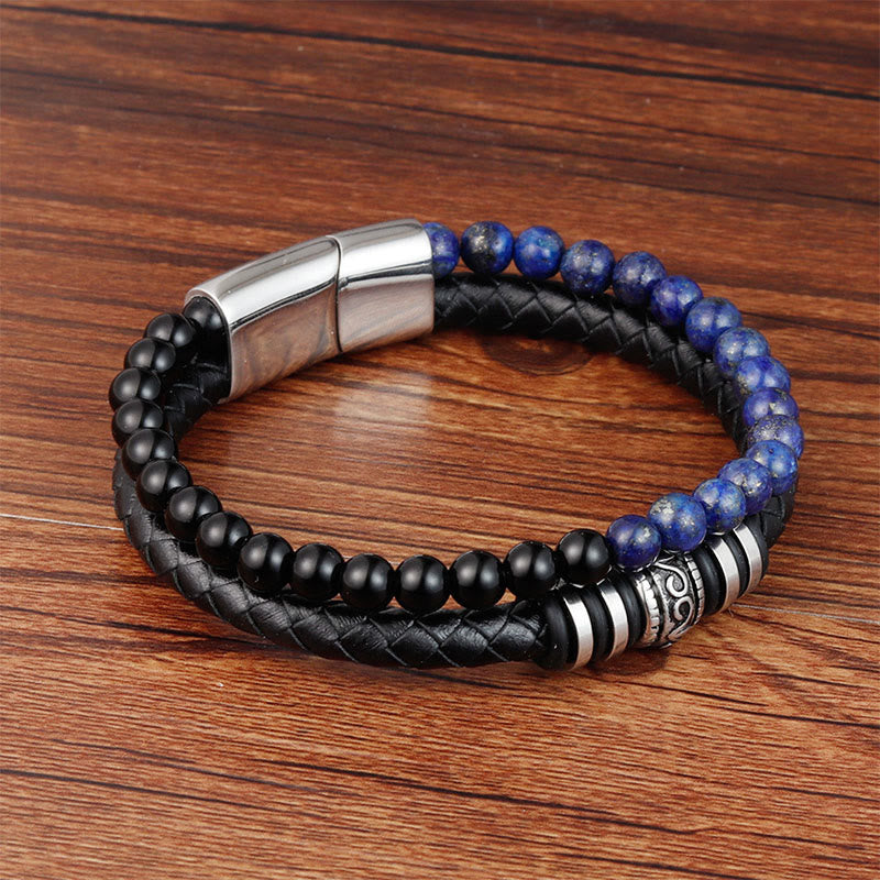 Fortune Jewel Black Onyx Lazurite Lapis Lazuli Titanium Steel Fortune Calm Leather Bracelet - Fortune Jewel