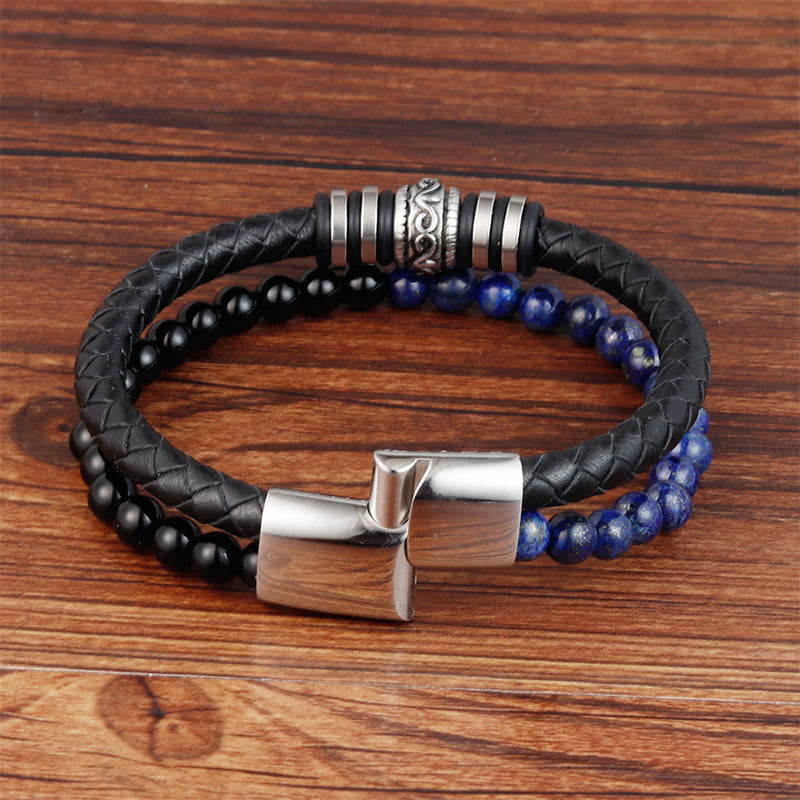 Fortune Jewel Black Onyx Lazurite Lapis Lazuli Titanium Steel Fortune Calm Leather Bracelet - Fortune Jewel