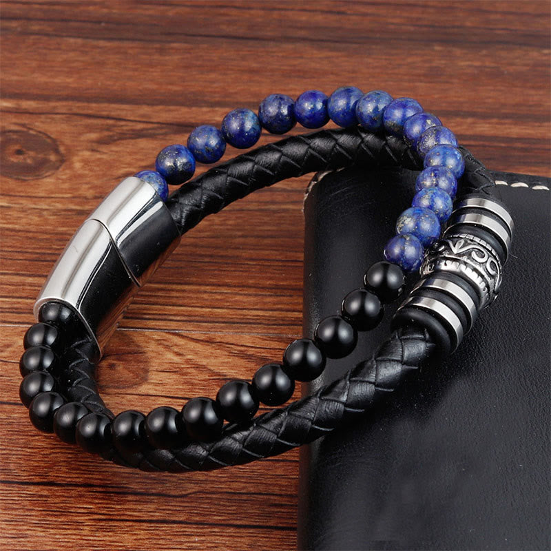 Fortune Jewel Black Onyx Lazurite Lapis Lazuli Titanium Steel Fortune Calm Leather Bracelet - Fortune Jewel