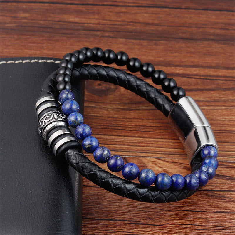Fortune Jewel Black Onyx Lazurite Lapis Lazuli Titanium Steel Fortune Calm Leather Bracelet - Fortune Jewel