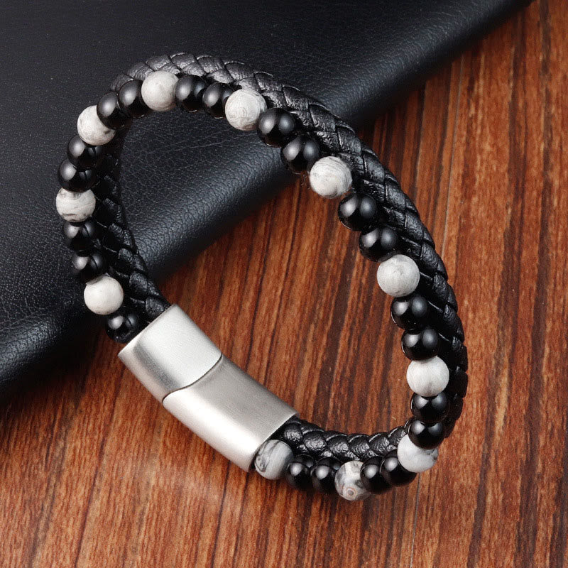 Fortune Jewel Black Onyx Grey Jasper Titanium Steel Stability Leather Bracelet - Fortune Jewel