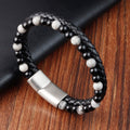Fortune Jewel Black Onyx Grey Jasper Titanium Steel Stability Leather Bracelet - Fortune Jewel
