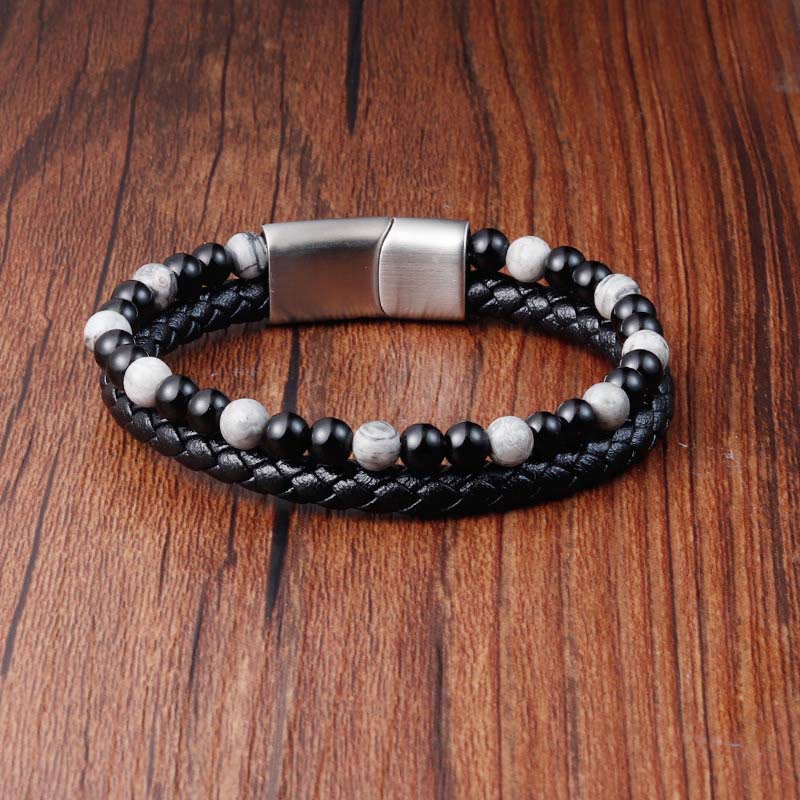 Fortune Jewel Black Onyx Grey Jasper Titanium Steel Stability Leather Bracelet - Fortune Jewel
