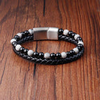Fortune Jewel Black Onyx Grey Jasper Titanium Steel Stability Leather Bracelet - Fortune Jewel