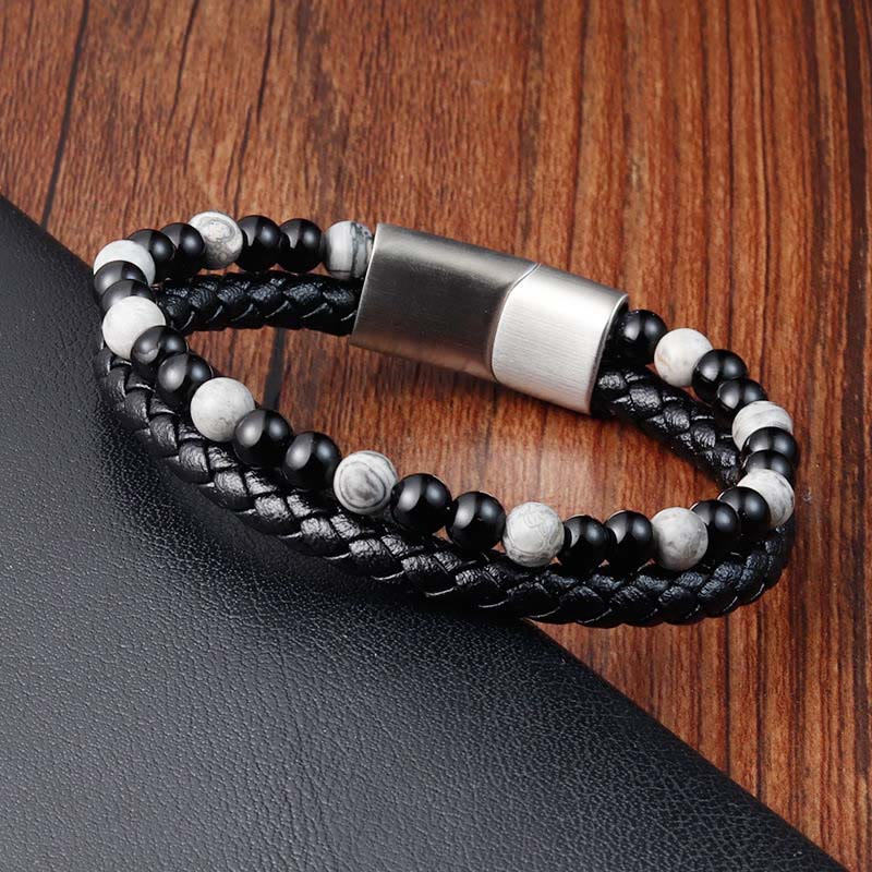 Fortune Jewel Black Onyx Grey Jasper Titanium Steel Stability Leather Bracelet - Fortune Jewel