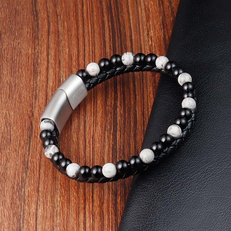 Fortune Jewel Black Onyx Grey Jasper Titanium Steel Stability Leather Bracelet - Fortune Jewel