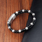 Fortune Jewel Black Onyx Grey Jasper Titanium Steel Stability Leather Bracelet - Fortune Jewel