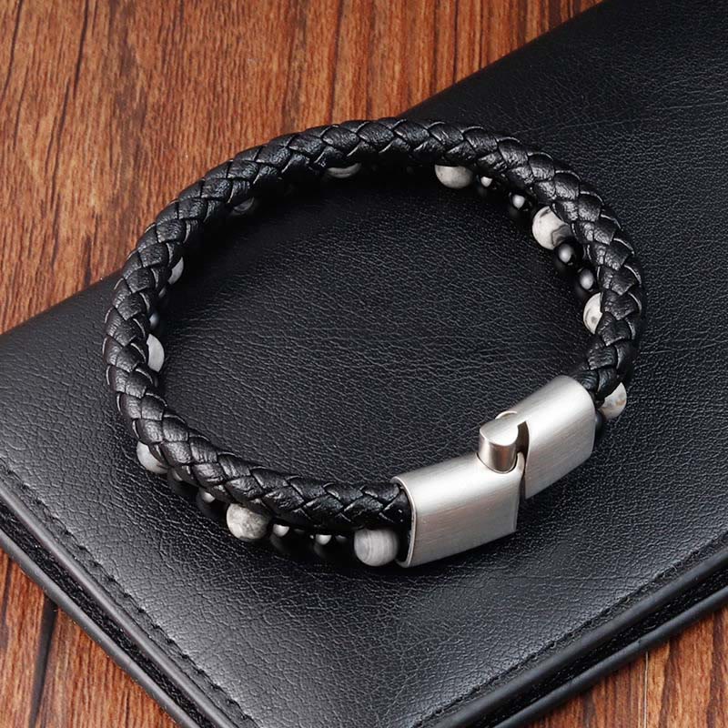 Fortune Jewel Black Onyx Grey Jasper Titanium Steel Stability Leather Bracelet - Fortune Jewel