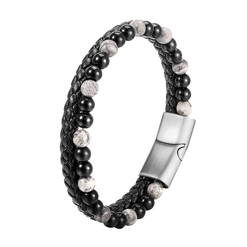 Fortune Jewel Black Onyx Grey Jasper Titanium Steel Stability Leather Bracelet - Fortune Jewel