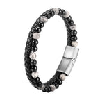 Fortune Jewel Black Onyx Grey Jasper Titanium Steel Stability Leather Bracelet - Fortune Jewel