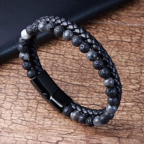 Buddha Stones Lava Rock Titanium Steel Calm Leather Bracelet - Fortune Jewel