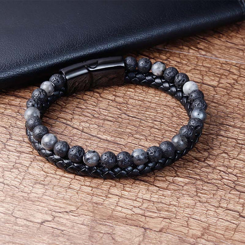 Buddha Stones Lava Rock Titanium Steel Calm Leather Bracelet - Fortune Jewel
