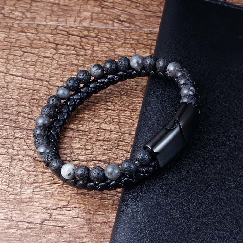 Buddha Stones Lava Rock Titanium Steel Calm Leather Bracelet - Fortune Jewel