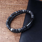 Buddha Stones Lava Rock Titanium Steel Calm Leather Bracelet - Fortune Jewel