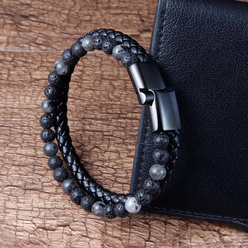 Buddha Stones Lava Rock Titanium Steel Calm Leather Bracelet - Fortune Jewel