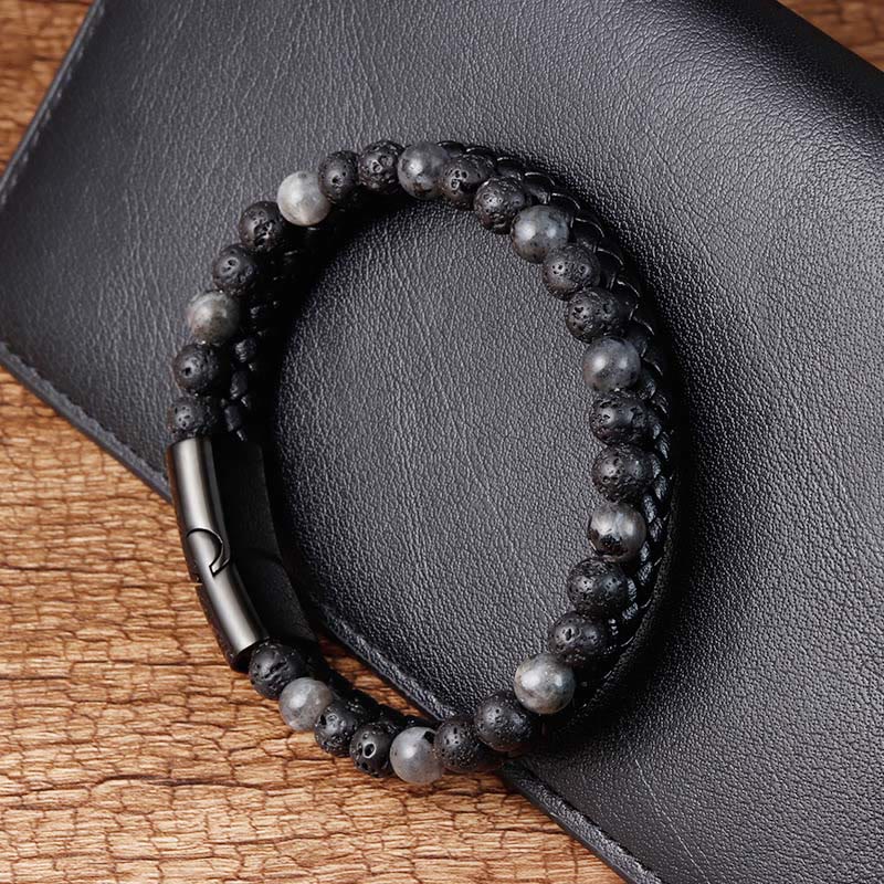 Buddha Stones Lava Rock Titanium Steel Calm Leather Bracelet - Fortune Jewel