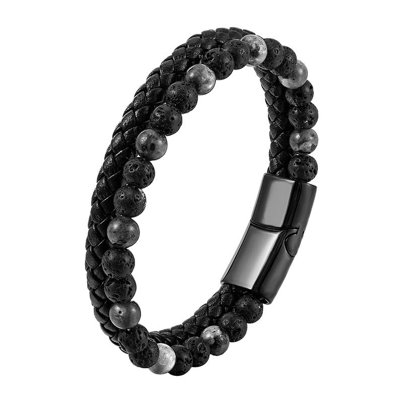 Buddha Stones Lava Rock Titanium Steel Calm Leather Bracelet - Fortune Jewel