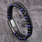 Fortune Jewel Black Onyx Lazurite Lapis Lazuli Titanium Steel Positive Self Care Leather Bracelet - Fortune Jewel