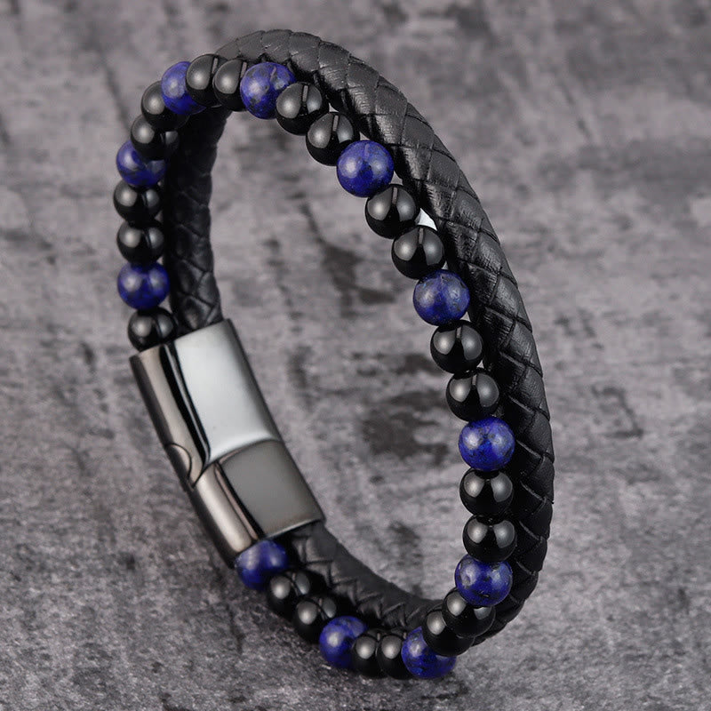 Fortune Jewel Black Onyx Lazurite Lapis Lazuli Titanium Steel Positive Self Care Leather Bracelet - Fortune Jewel